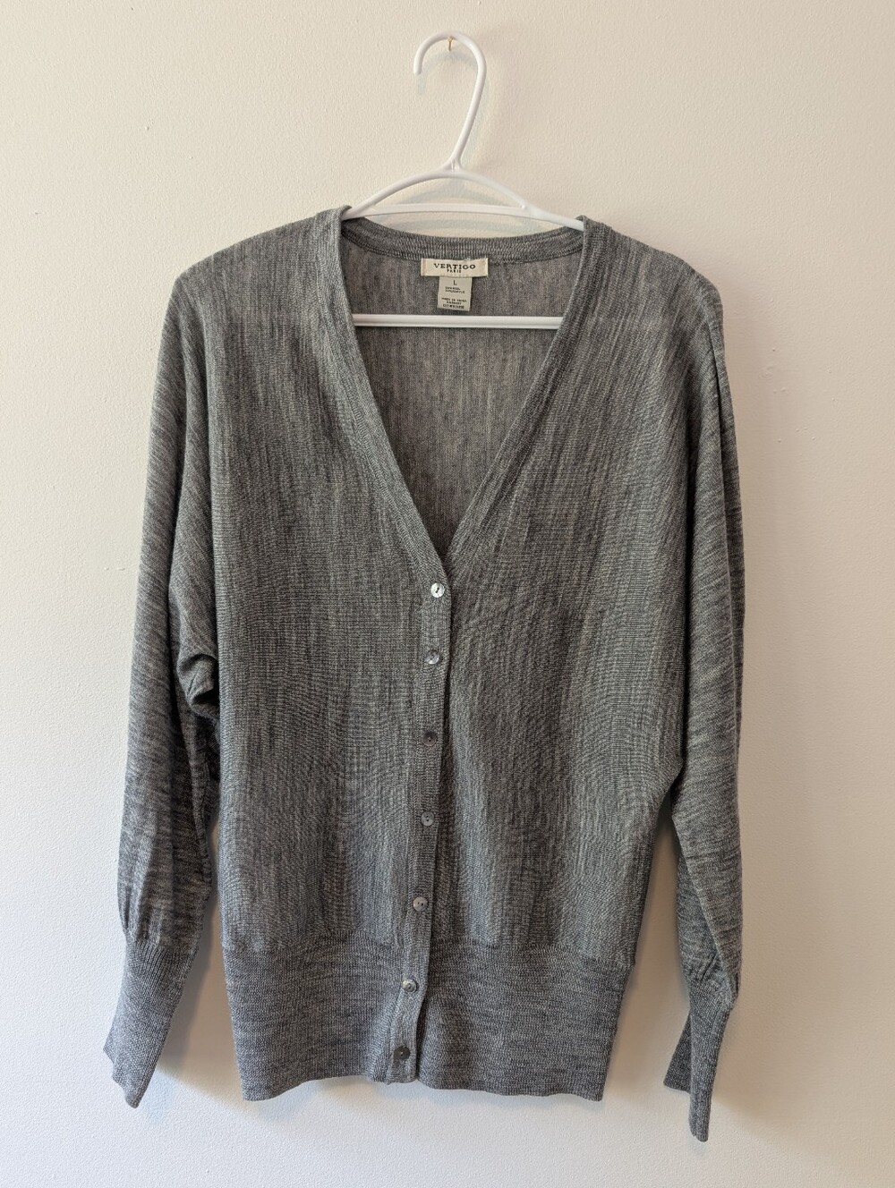 Classic Grey Wool Blend Button Cardigan  Batwing Sleeve MOP Buttons Minimalist L